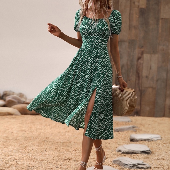 Bohemian Floral Print Puff Sleeve Midi Dress - Picture 4 of 13